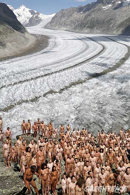 nude protesters on a glacier
