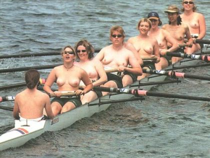 The girl\'s crew team goes topless rowing
