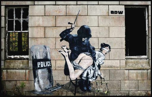 The Lady Of Justice gets her ass beaten by a riot policeman street art graffiti