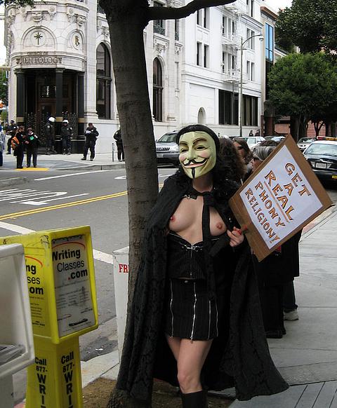 naked woman protesting against Scientology