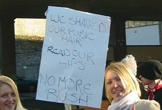 two cute blondes who claim they shaved their pubic hair in a lame gesture toward anti-bush protest